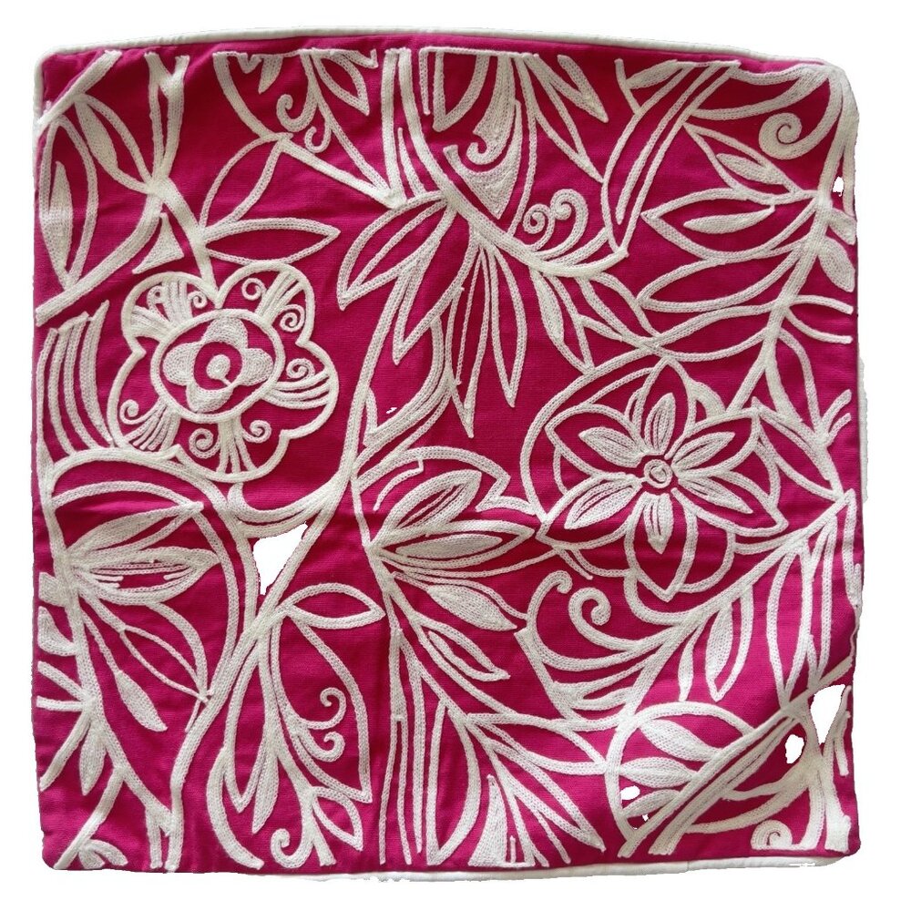 Crewel Pillow Cover 20" x 20" Pink & White Zipper Closure Canvas White Piping